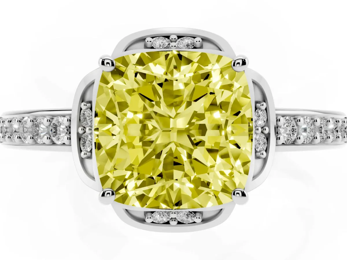 Fancy Yellow Cushion Cut Cut Halo Diamond Ring with Channel Set Band and Four-Prong Setting White gold