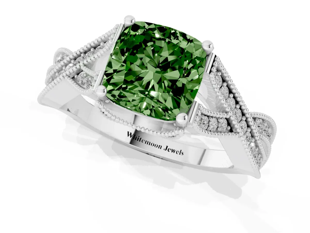 Fancy Green Cushion Cut Cut Diamond Twisted Band with Milgrain Pave Setting and Four-Prong Setting Platinum