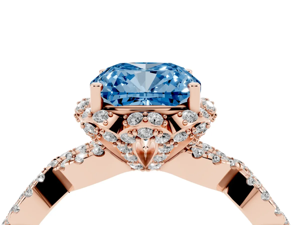 Fancy Blue Cushion Cut Halo Twist Band Solitaire Ring with Six-Prong Setting Rose gold
