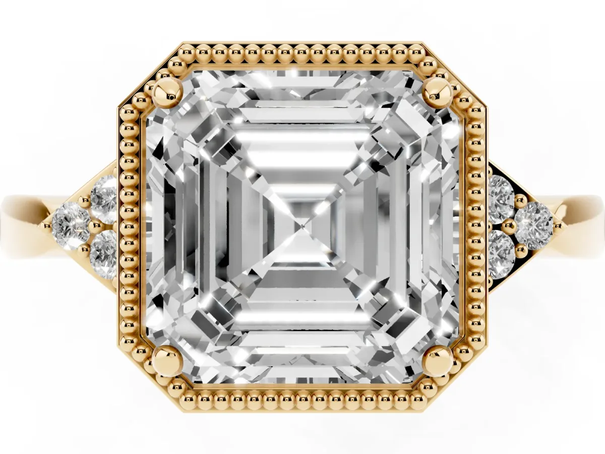 Milgrain Asscher Cut Cut Diamond Ring with Tapered Pave Band and Four Prong Setting Yellow gold
