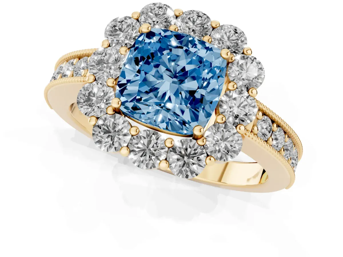 Fancy Blue Cushion Cut Cut Halo Diamond Pavé Engagement Ring with Milgrain Detailing Yellow gold