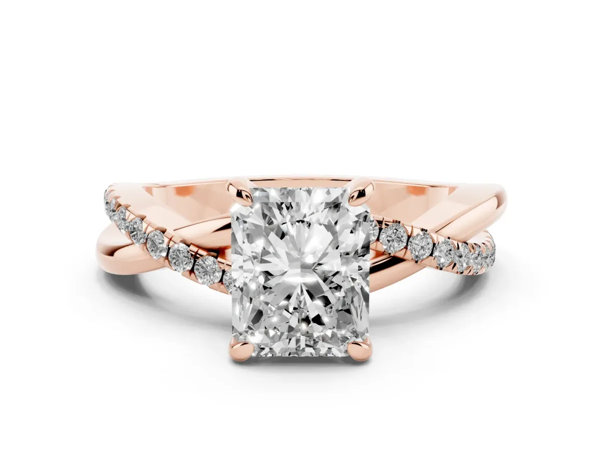 Radiant Cut Cut Diamond Twist Band Solitaire with Prong Setting Rose gold