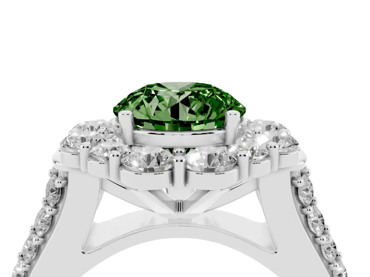 Fancy Green Round Cut Halo Diamond Engagement Ring with Split Shank and Prong Setting Silver