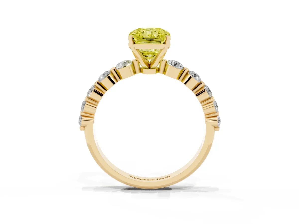 Fancy Yellow Radiant Cut Solitaire Diamond Ring with Pave Band and Four-Prong Setting Yellow gold