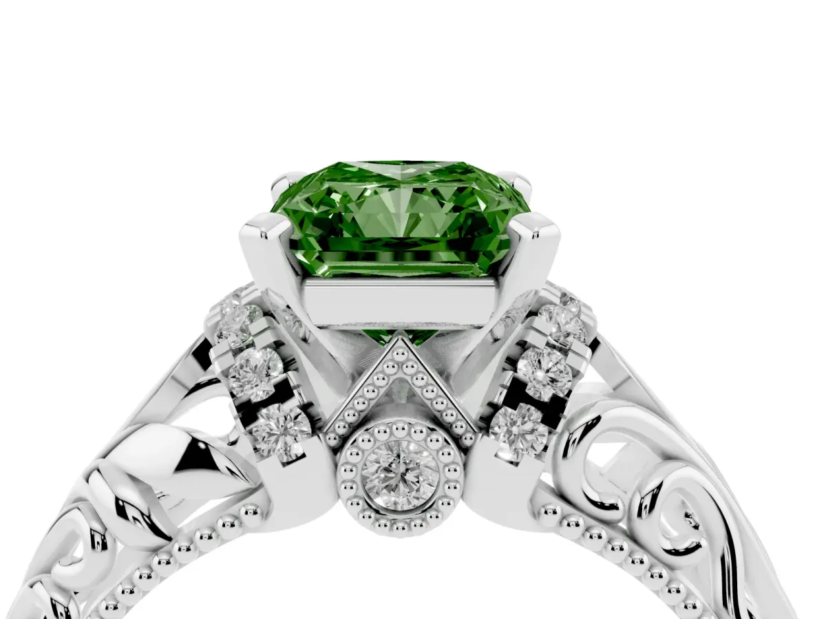 Fancy Green Radiant Cut Solitaire Filigree Engagement Ring with Halo and Prong Setting White gold