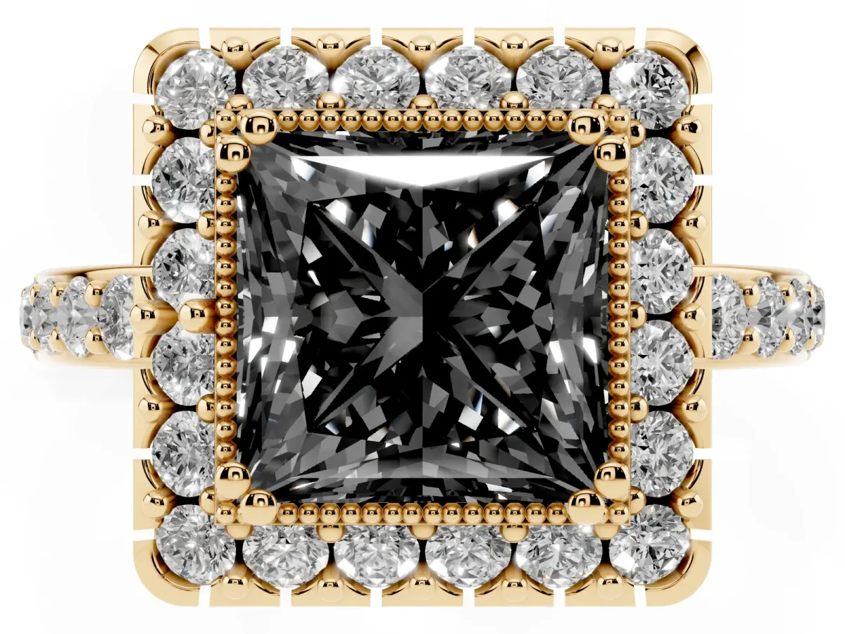 Fancy Black Princess Cut Diamond Halo Ring with Pavé Band and Prong Setting Yellow gold