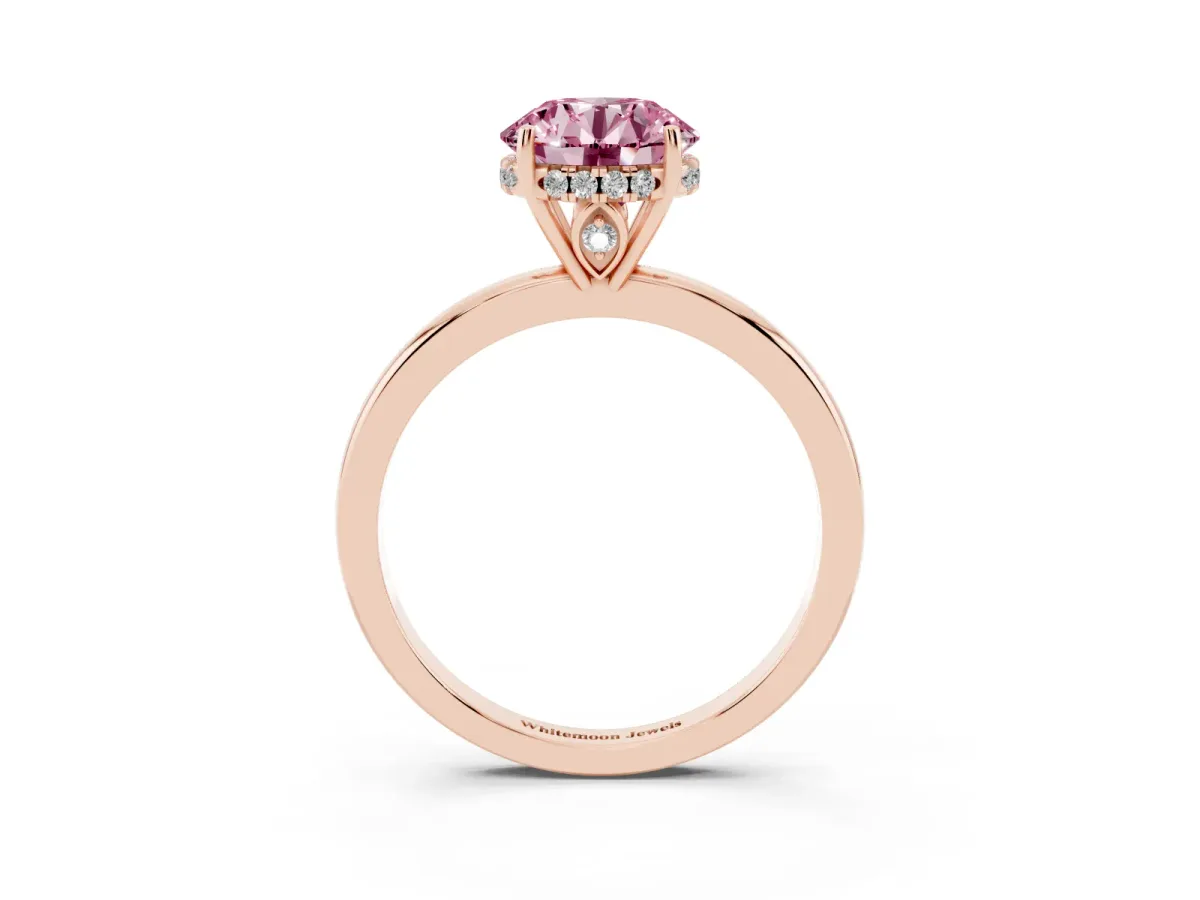 Fancy Pink Round Cut Solitaire Diamond Ring with Prong Setting and Plain Band Rose gold