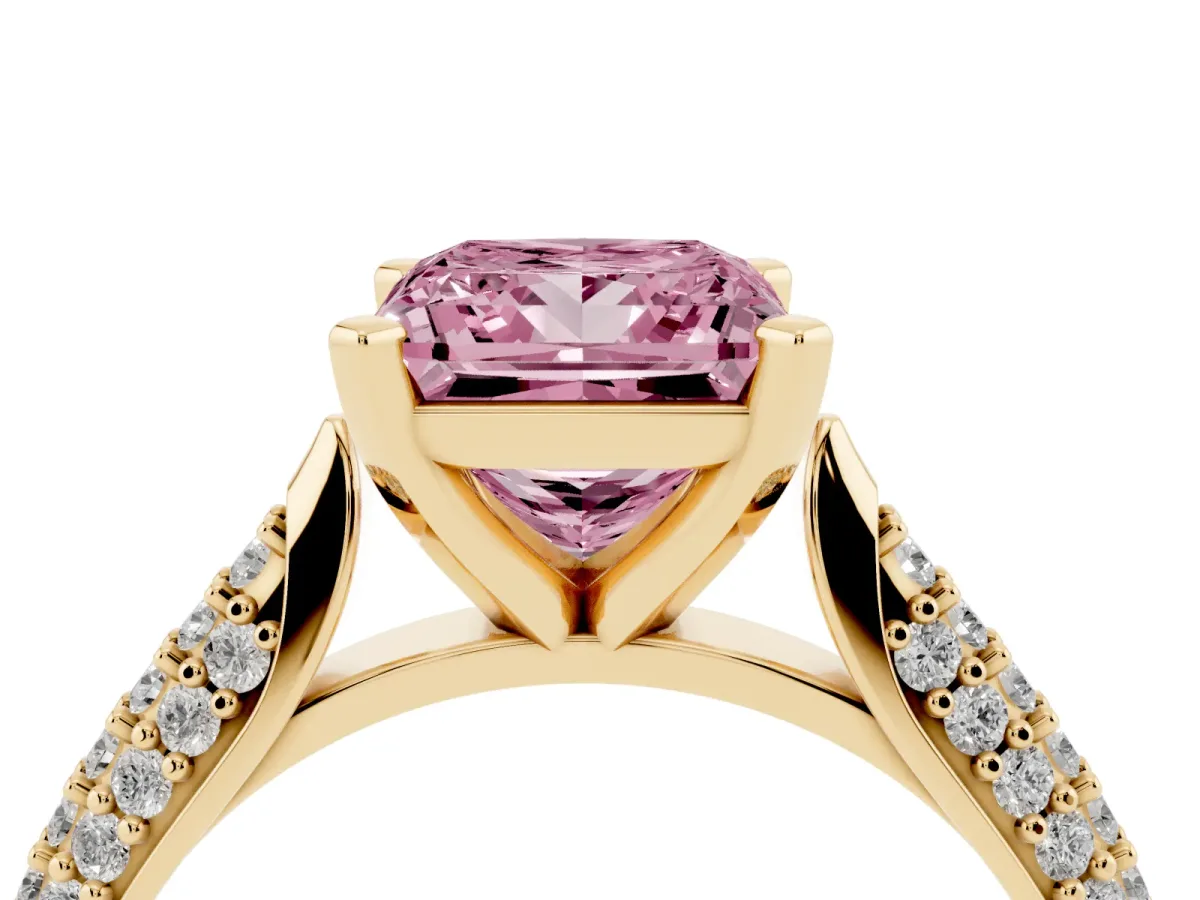 Fancy Pink Princess Cut Diamond Solitaire Engagement Ring with Multi-Row Round Pavé Band and Prong Setting Yellow gold