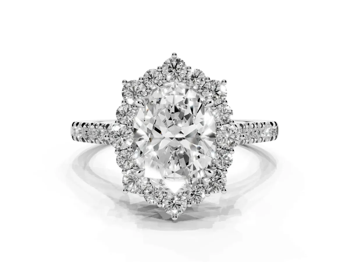 Oval Cut Halo Diamond Ring with Pavé Band and Prong Setting Silver