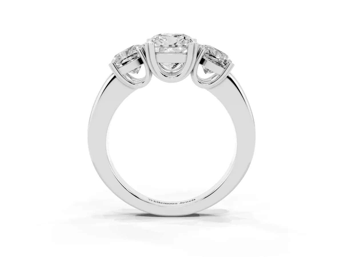 Three-Stone Cushion Cut Cut Diamond Ring with Channel Set Band and Four-Prong Setting Silver