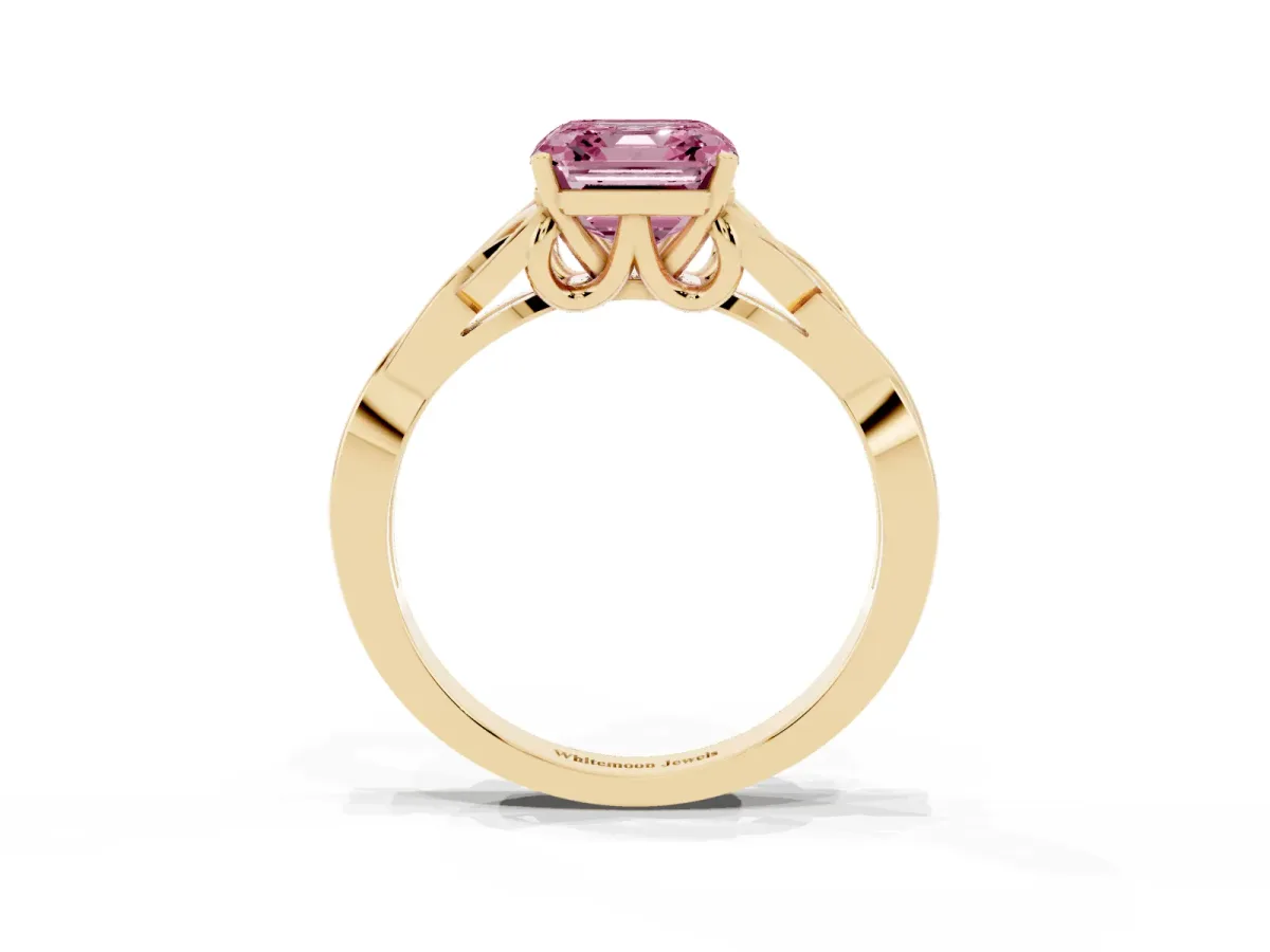 Fancy Pink Asscher Cut Diamond Solitaire Engagement Ring with Celtic Knot Band and Four-Prong Setting Yellow gold