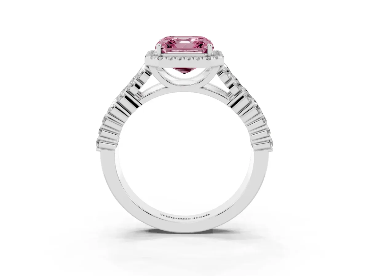 Fancy Pink Asscher Cut Diamond Halo Engagement Ring with Triple Row Round Pavé Band and Prong Setting Platinum