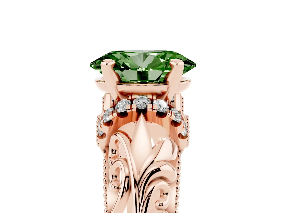 Fancy Green Oval Cut Solitaire Filigree Engagement Ring with Halo and Prong Setting Rose gold