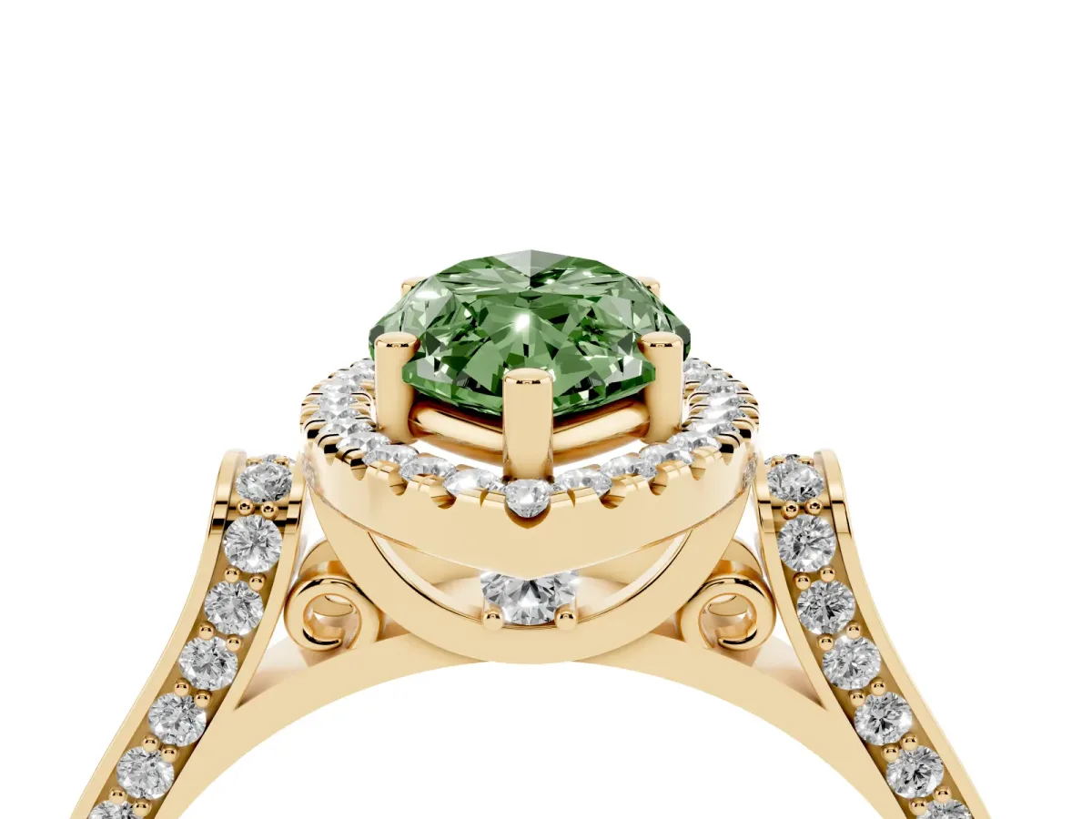 Fancy Green Marquise Cut Halo Round Diamond Twist Band with Four-Prong Setting Yellow gold