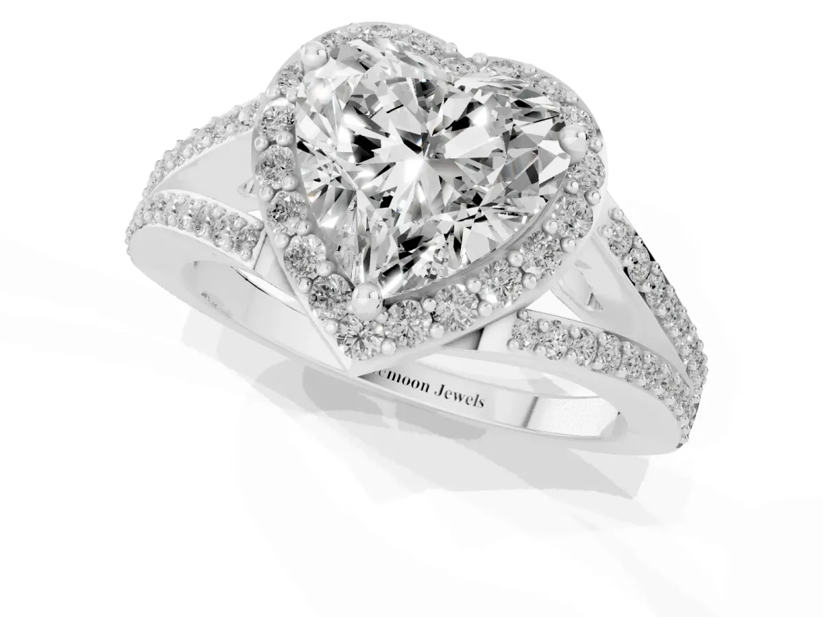 Heart Cut Halo Split Shank Diamond Ring with Prong Setting Silver
