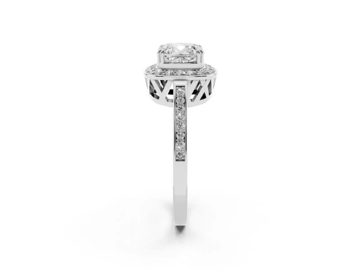 Cushion Cut Diamond Halo Ring with Split Shank and Four-Prong Setting Platinum
