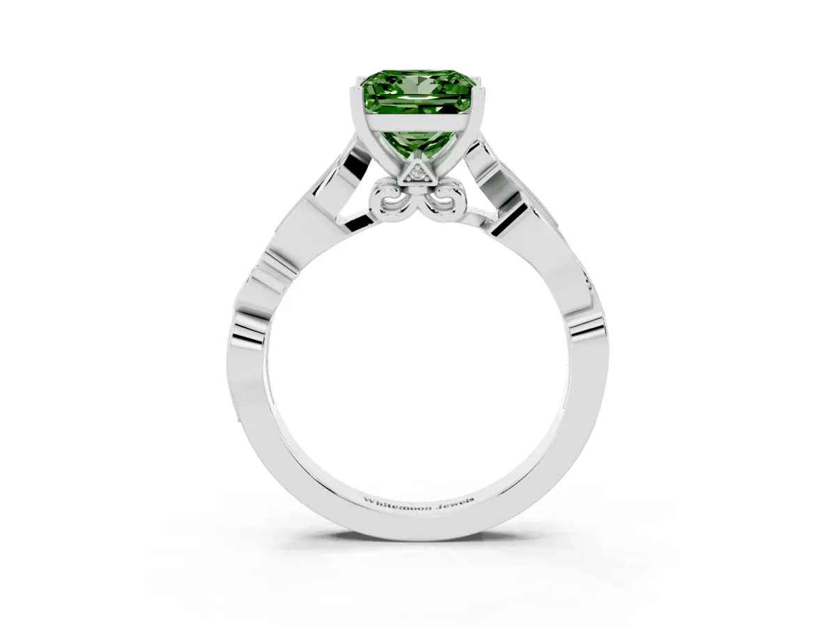 Fancy Green Princess Cut Solitaire Vine Band with Milgrain Prong Setting Silver