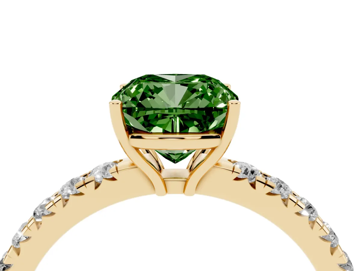 Fancy Green Cushion Cut Diamond Pavé Solitaire Engagement Ring with Four-Prong Setting Yellow gold