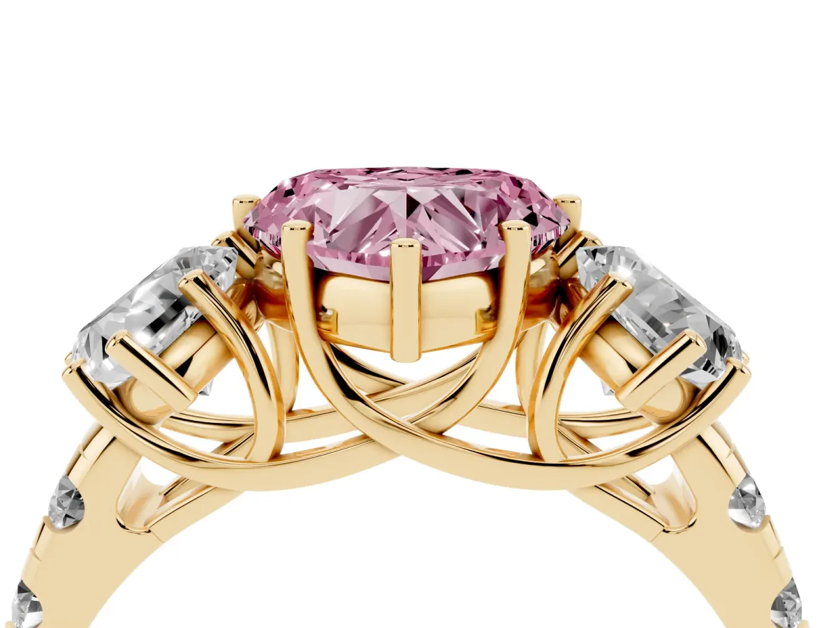 Fancy Pink Three-Stone Heart Cut Diamond Pavé Band with Prong Setting Yellow gold