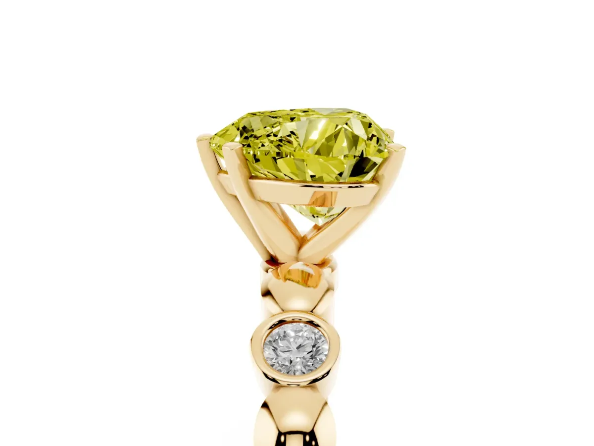 Fancy Yellow Heart Cut Solitaire Bezel-Set Diamond Ring with Beaded Band and Four-Prong Setting Yellow gold
