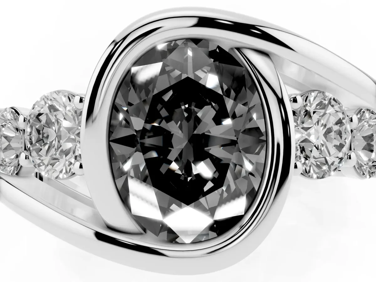 Fancy Black Bezel Set Oval Cut Diamond Bypass Ring with Round Accents Silver