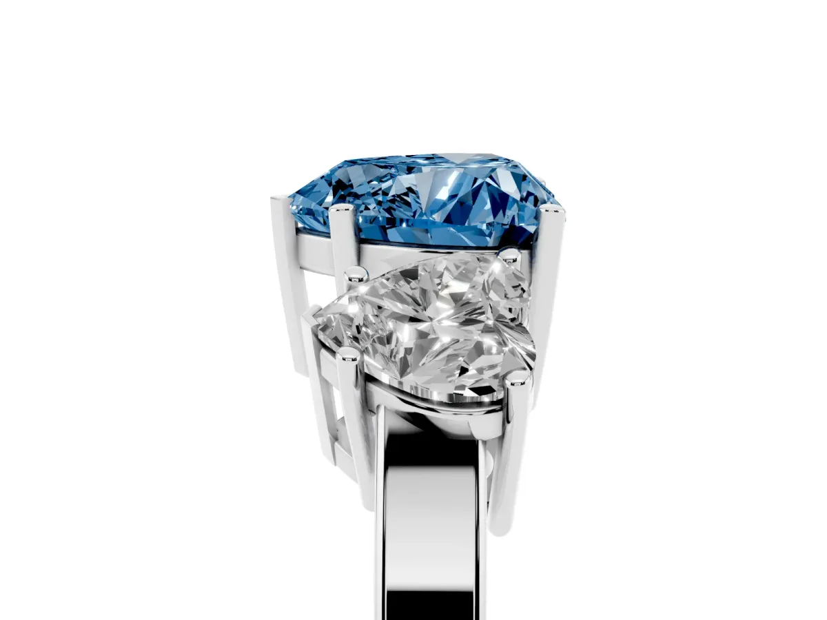 Fancy Blue Three-Stone Heart Cut Cut Diamond Engagement Ring with Flat Band and Four-Prong Setting Silver