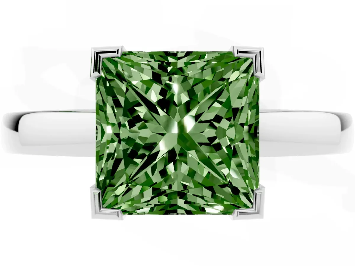 Fancy Green Princess Cut Cut Solitaire Ring with Four-Prong Setting and Classic Band Silver