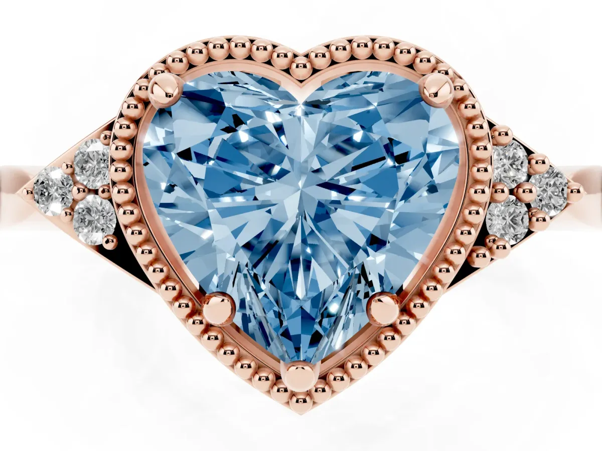 Fancy Blue Heart Cut Diamond Halo Ring with Tapered Band and Four-Prong Setting Rose gold