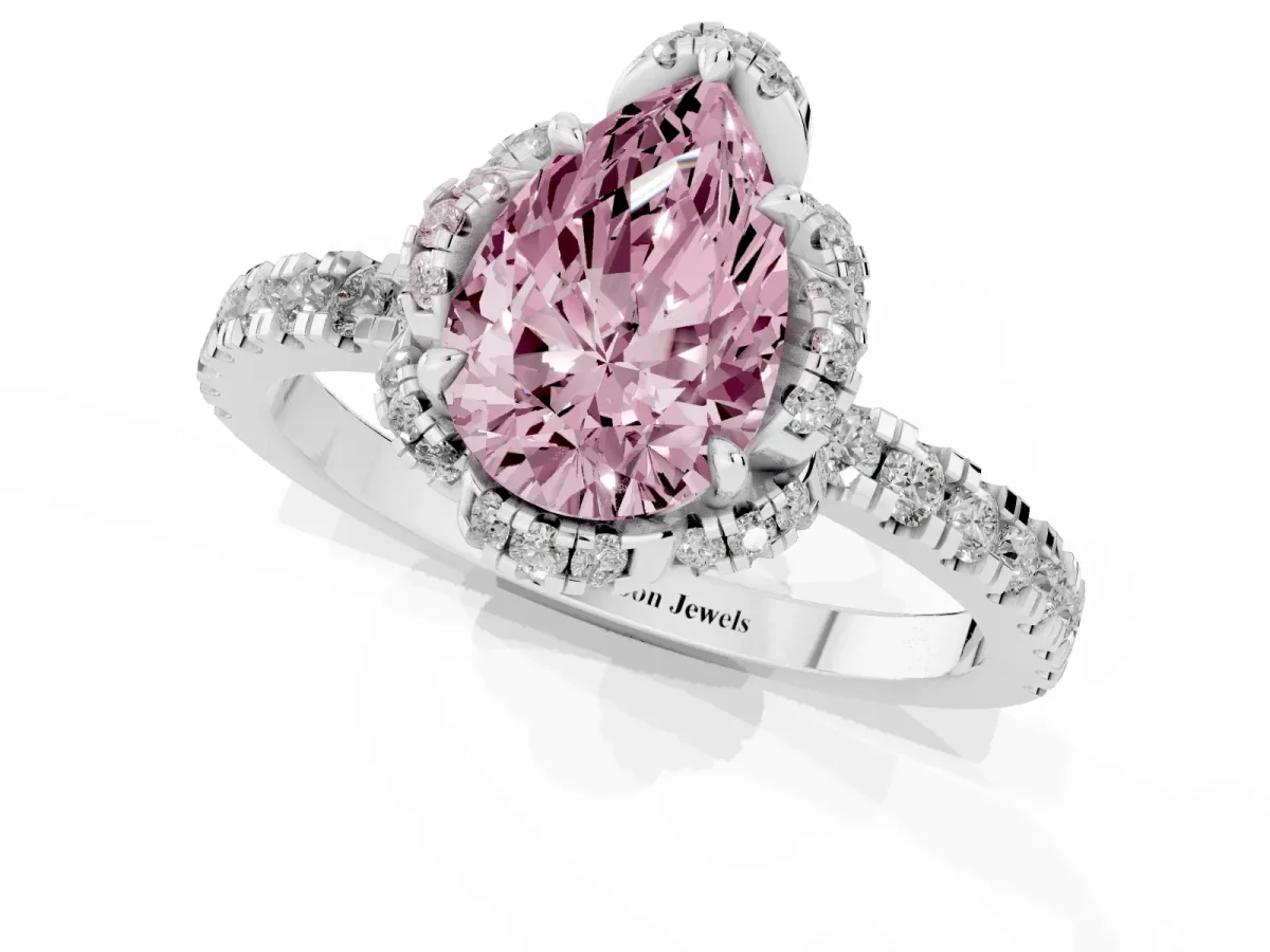 Fancy Pink Pear Cut Diamond Halo Pave Band with Four-Prong Setting Silver