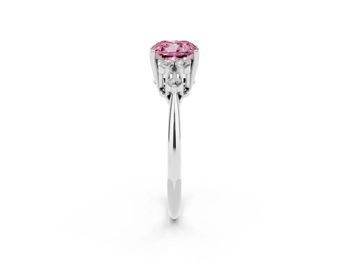 Fancy Pink Cushion Cut Cut Diamond Cluster Ring with Solitaire Band and Four-Prong Setting Silver