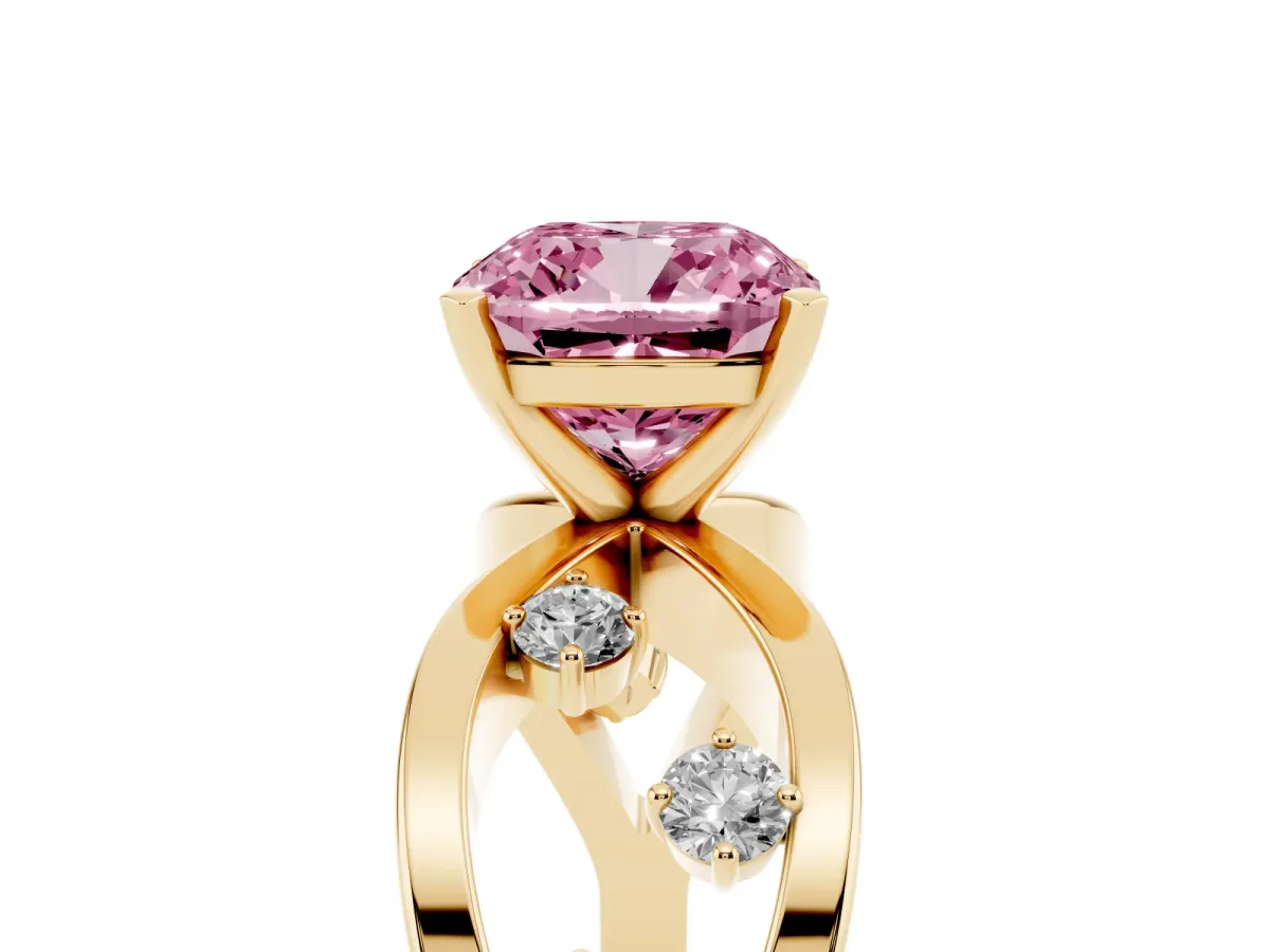 Fancy Pink Cushion Cut Cut Solitaire Diamond with Side Stones on Criss-Cross Band and Four-Prong Setting Yellow gold