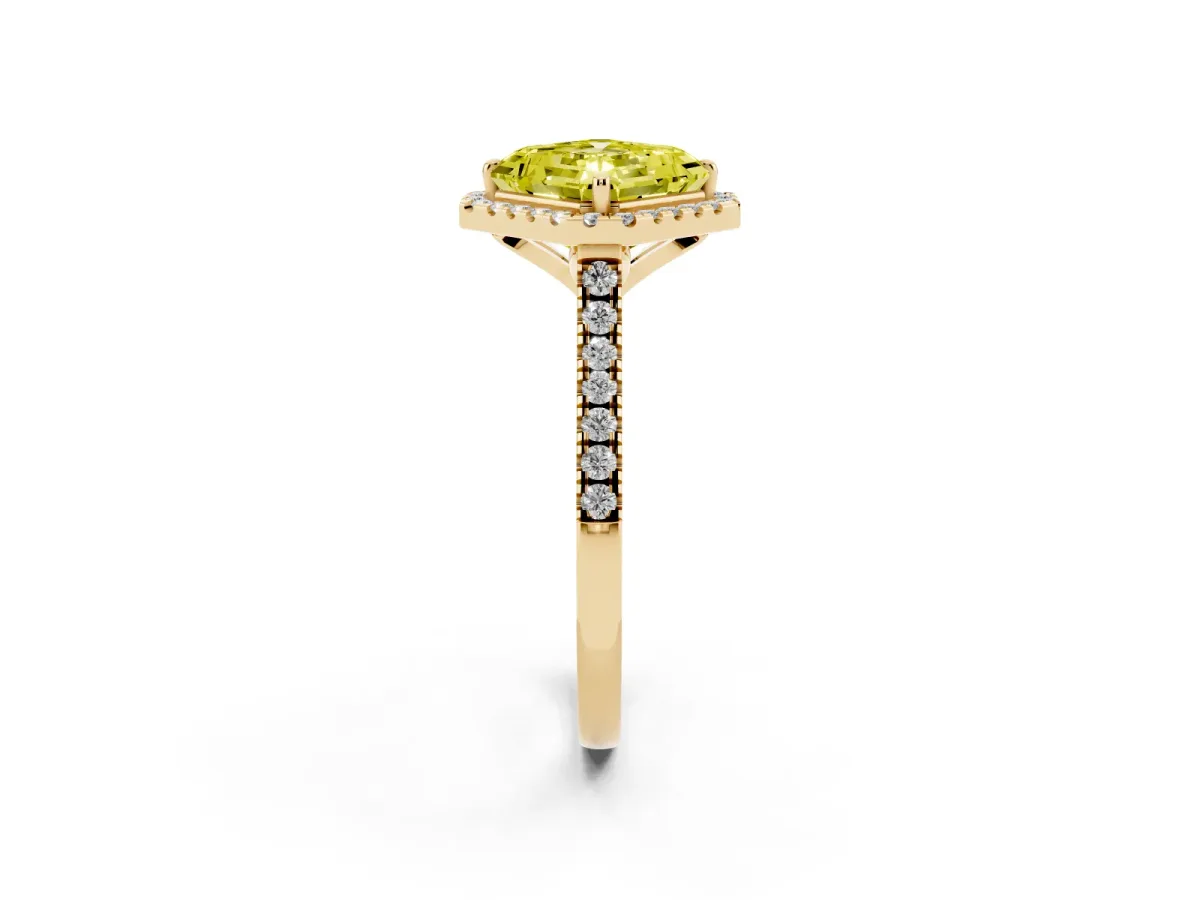 Fancy Yellow Asscher Cut Diamond Cushion Halo Ring with Pavé Band Yellow gold