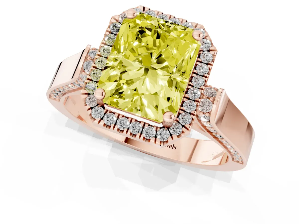 Fancy Yellow Radiant Cut Halo Round Diamond Twist Band with Four-Prong Setting Rose gold