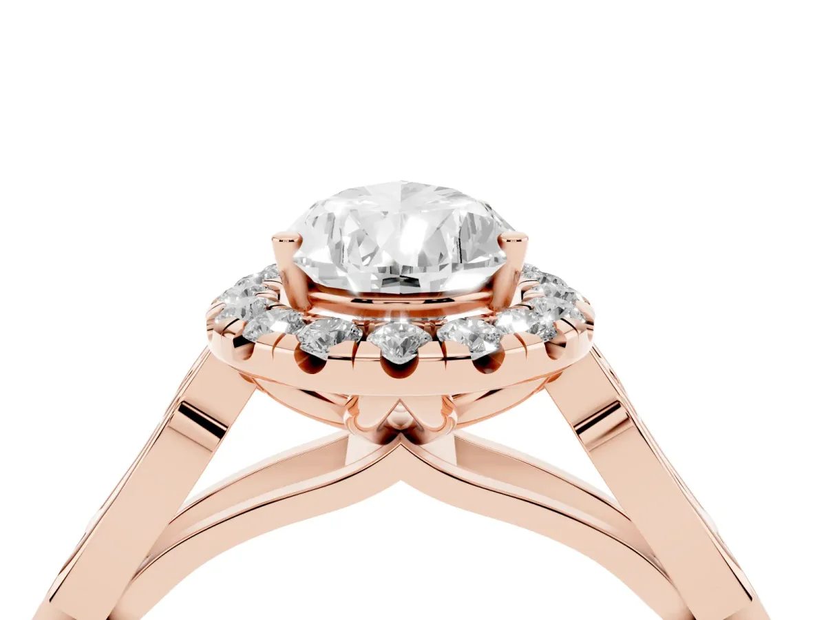 Pear Cut Halo Diamond Engagement Ring with Filigree Band and Four-Prong Setting Rose gold