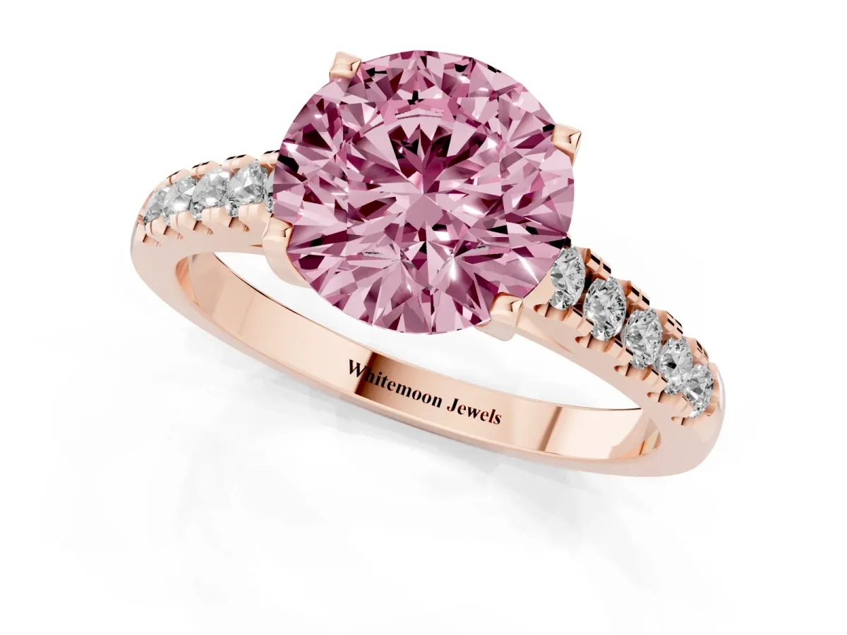 Fancy Pink Round Cut Diamond Pavé Band Solitaire Ring with Prong Setting Rose gold