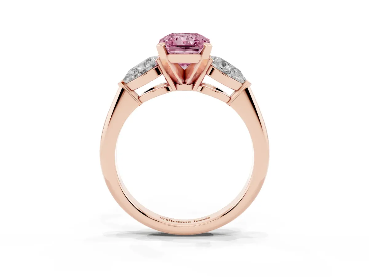 Fancy Pink Three-Stone Radiant Cut Diamond Ring with Pear Side Stones and Four-Prong Setting Rose gold