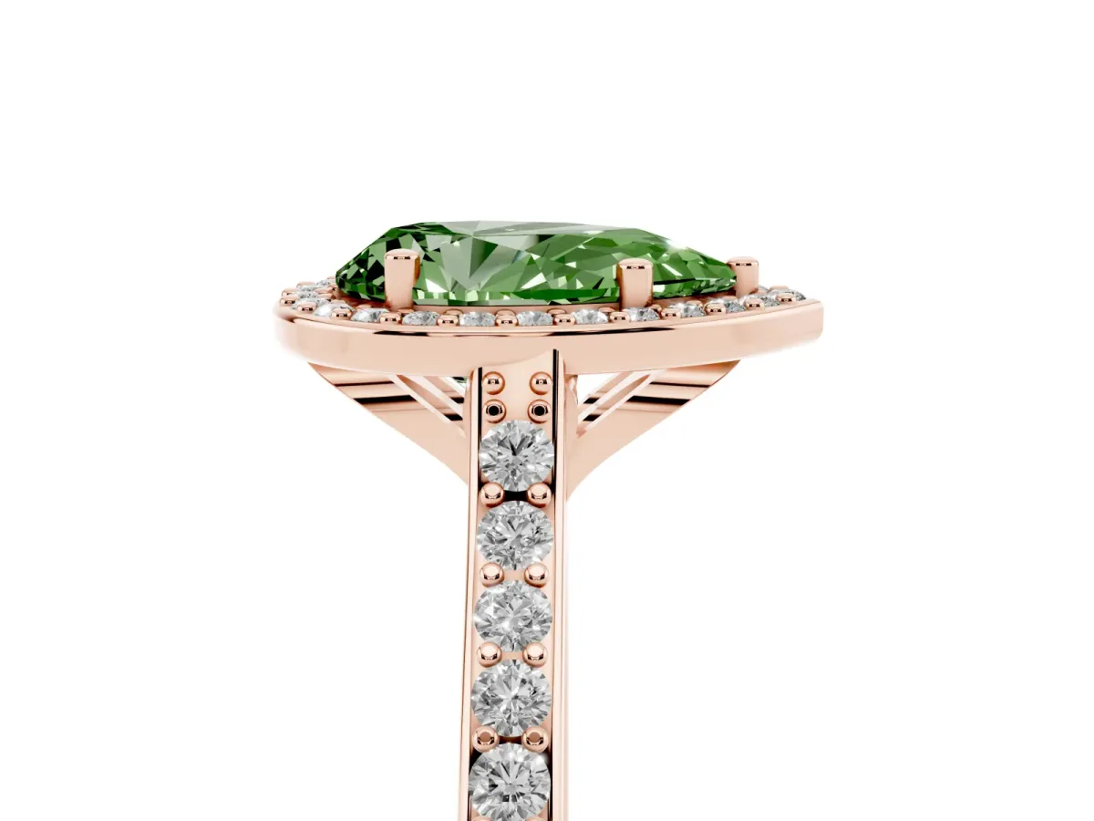 Fancy Green Pear Cut Diamond Halo Engagement Ring with Round Pavé Shoulders and Prong Setting Rose gold