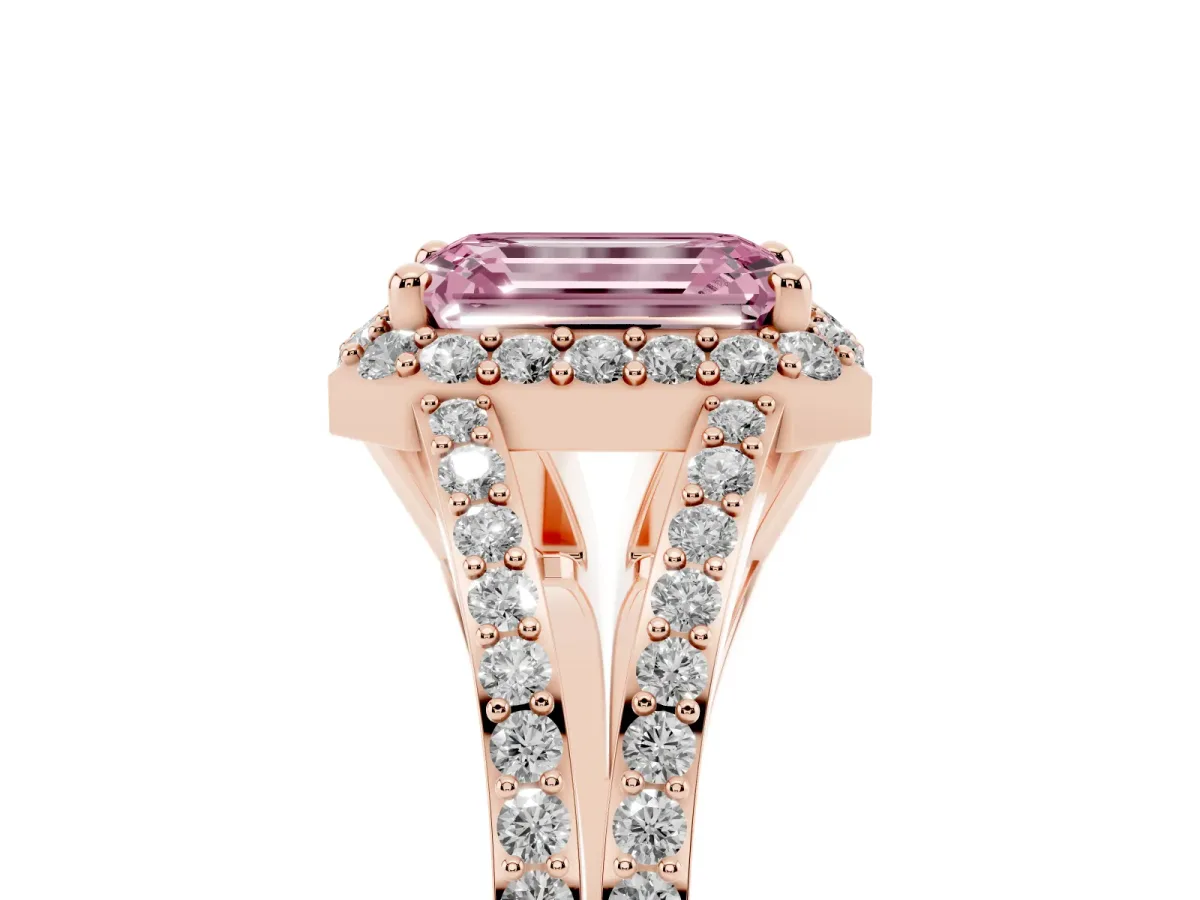 Fancy Pink Emerald Cut Halo Split Shank Pave Diamond Ring with Four-Prong Setting Rose gold