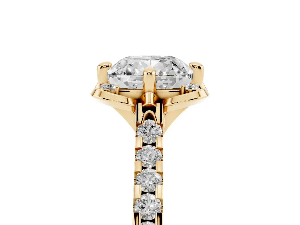 Cushion Cut Diamond Ring with Pavé Band and Floral Prong Setting Yellow gold