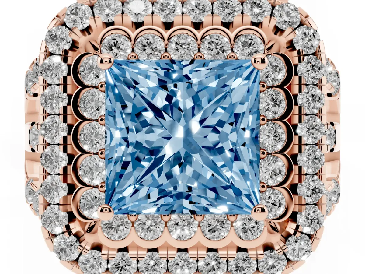 Fancy Blue Princess Cut Diamond Double Halo Ring with Round Pavé Split Shank and Prong Setting Rose gold