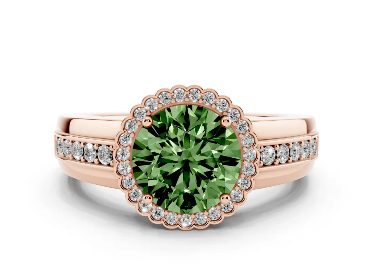 Fancy Green Round Cut Cut Halo Pave Band Four-Prong Ring Rose gold