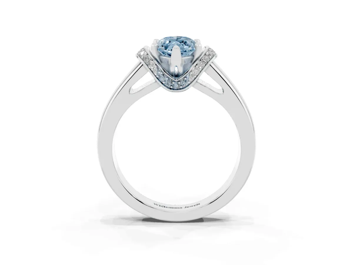 Fancy Blue Marquise Cut Solitaire Diamond Ring with Pave Band and Six-Prong Setting Silver