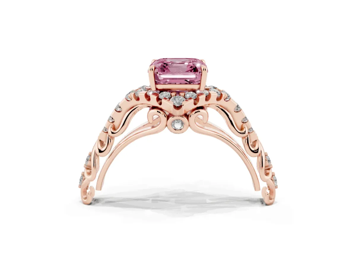 Fancy Pink Asscher Cut Diamond Solitaire Ring with Hidden Halo and Pavé Band Rose gold