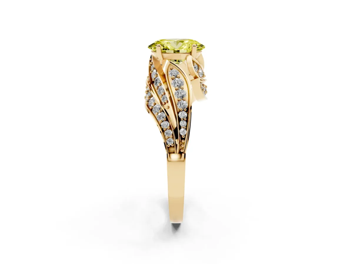 Fancy Yellow Oval Cut Diamond Solitaire Ring with Prong Setting and Twisted Pavé Band Yellow gold