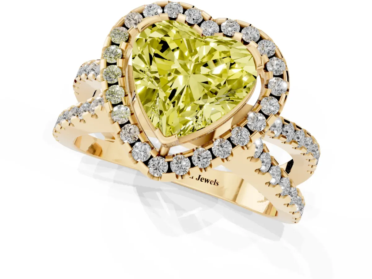 Fancy Yellow Heart Cut Diamond Halo Ring with Split Shank Pavé Band and Prong Setting Yellow gold