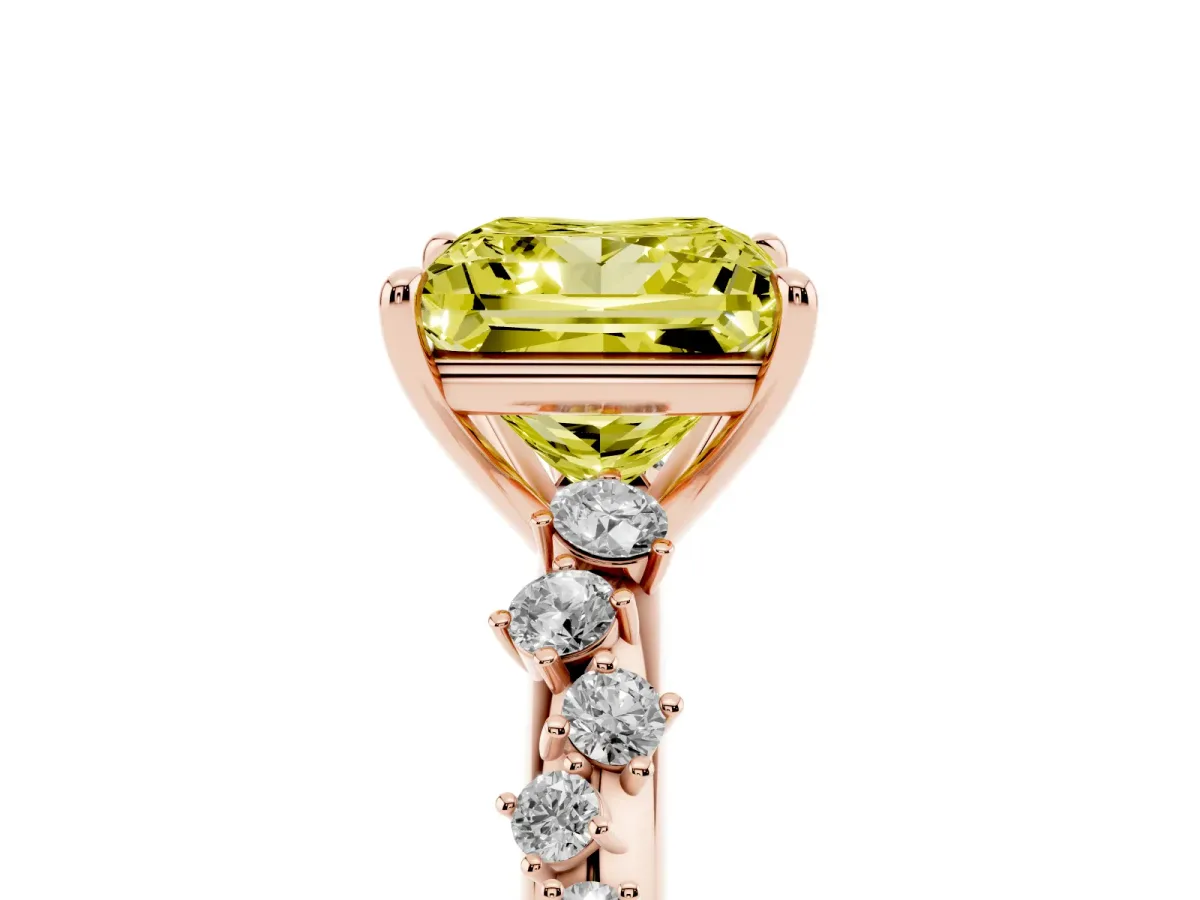 Fancy Yellow Princess Cut Diamond Cluster Side Stone Solitaire Ring with Prong Setting Rose gold