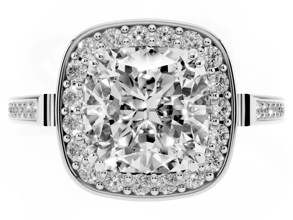 Cushion Cut Diamond Halo Ring with Split Shank and Four-Prong Setting Platinum