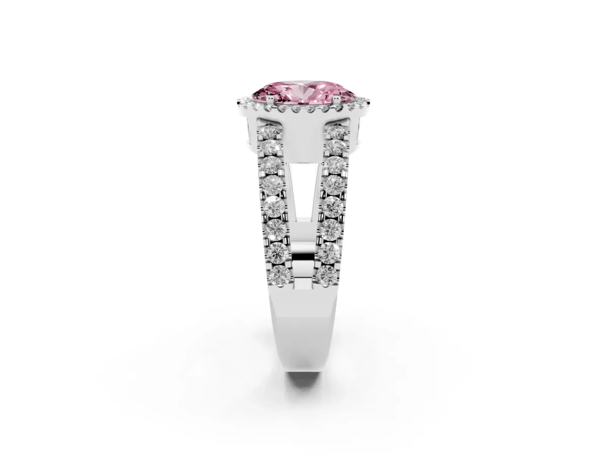 Fancy Pink Oval Cut Cut Halo Split Shank Diamond Ring with Four-Prong Setting Silver
