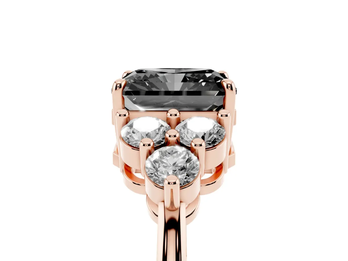 Fancy Black Radiant Cut Brilliant Diamond Cluster Accent Solitaire Ring with Prong Setting Rose gold