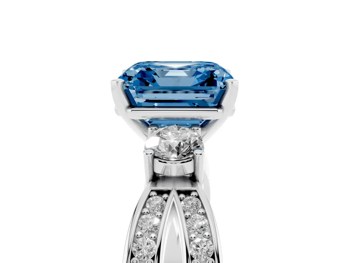Fancy Blue Three-Stone Asscher Cut Cut Diamond Twist Band with Prong Setting Platinum